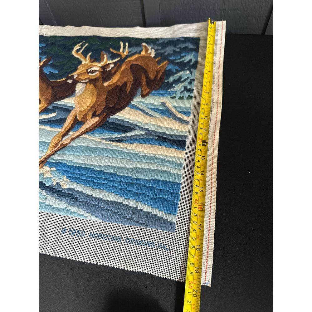 Vintage 1983 Moonlight Run Needlepoint Tapestry Deer Doe Buck Monarch Horizons - Picture 10 of 12